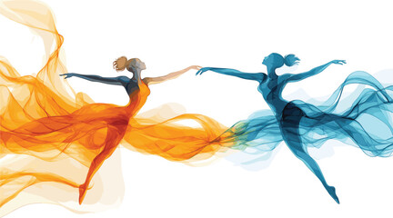 Obraz premium Two abstract female silhouettes in swirling orange and blue, capturing a graceful ballet-inspired dance with fluid lines and an ethereal sense of modern artistry.