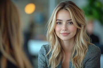 Obraz premium A woman with long blonde hair looks directly at the camera
