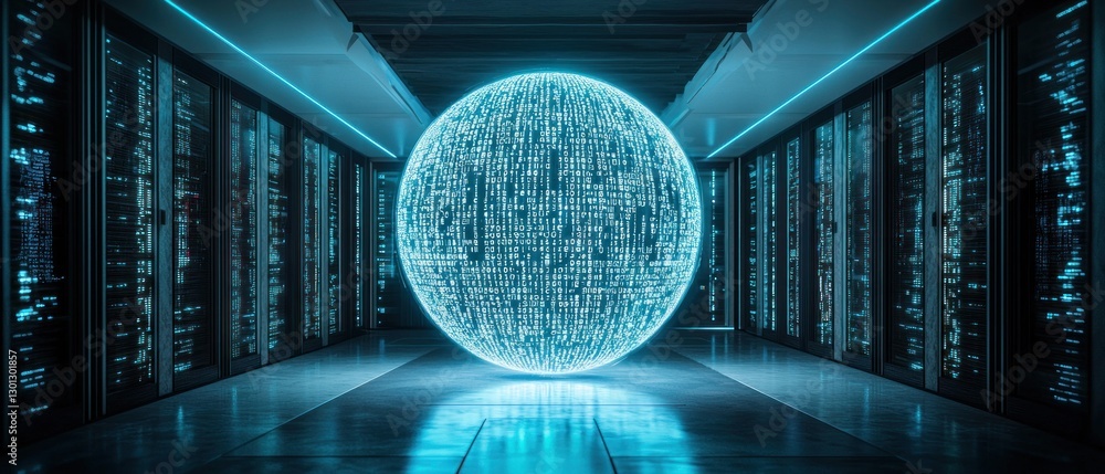 Poster global data sphere: a futuristic visualization of interconnected data within a modern server room.
