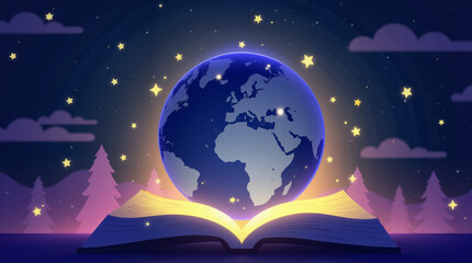 Fototapeta premium Glowing globe with turning pages under starry night, World Book Day