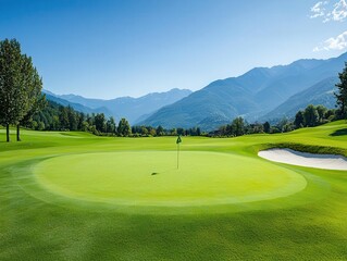 Obraz premium Private golf course with mountain views and exclusive clubhouse, elite sport