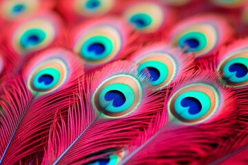 Obraz premium Vibrant Pink Peacock Feathers - Close-up of vibrant pink peacock feathers, showcasing intricate details and iridescent colors