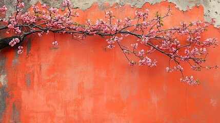 Fototapeta premium Cherry blossom shadows on an orange concrete wall create an abstract and trendy nature background.