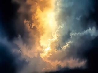 Abstract dramatic stormy sky with glowing light and swirling clouds atmospheric art.