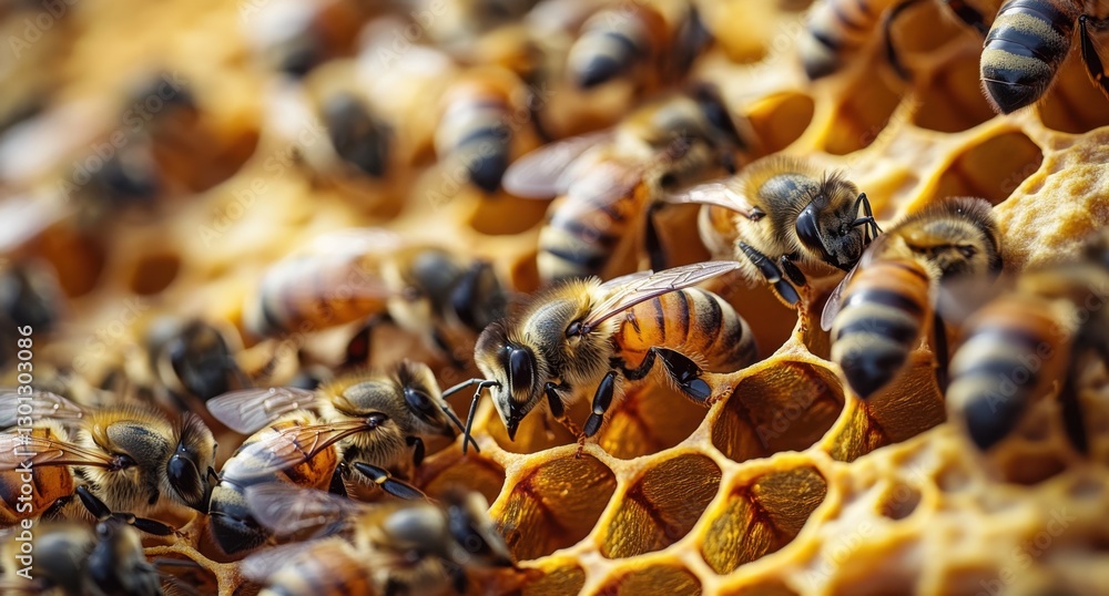 Poster close-up of busy honey bees collecting nectar in natural honeycomb structure, emphasizing intricate 