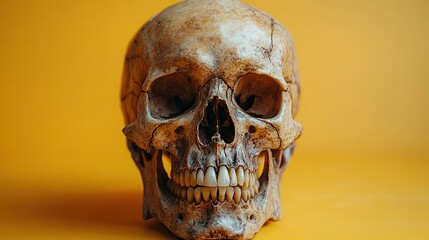 Obraz premium Chilling Halloween ambiance with a human skull screaming on a yellow surface, perfect for text or advertising.