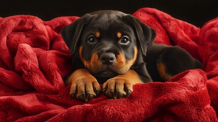 Adorable Rottweiler Puppy Resting on Red Blanket - High Quality Stock Photo