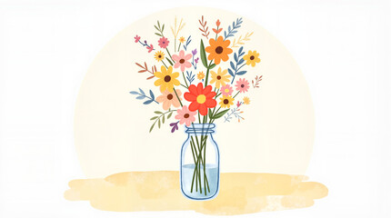 Vase of colorful flowers in sunlight, vibrant home decor