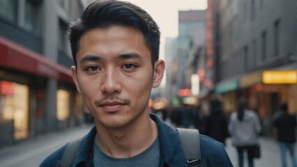 Gen-Z East Asian Male Professional Using  in Vibrant Urban Cityscape, Modern Connectivity