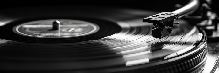 Vinyl Record Player Close Up - Close-up of a vinyl record spinning on a turntable, showcasing the grooves and the tonearm. Black and white