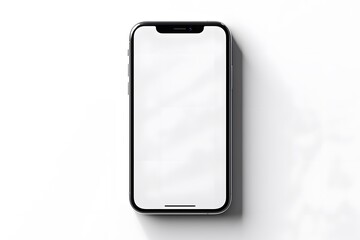 Mobile phone with blank screen against white background. 