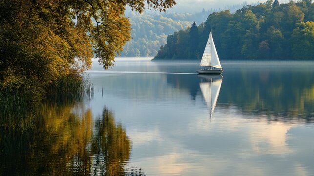 Tranquil Sailboat on Scenic Solina Lake with Serene Landscape Reflections