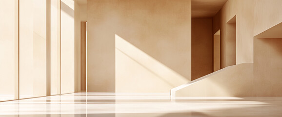 Obraz premium Minimalist interior with beige walls, soft lighting, and geometric elements, symbolizing tranquility, open space, and serenity, perfect for modern architecture and clean aesthetics.