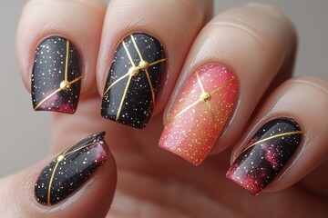 A person showing off their unique manicure featuring black and pink polish, great for beauty or lifestyle concepts