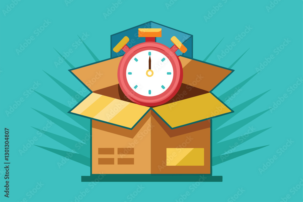 Poster a cardboard box is being packed, highlighted by a clock indicating time constraints for the task, pa
