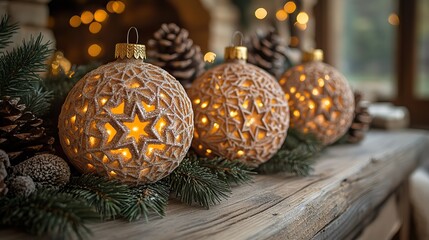 Christmas decorations adorn a rustic wooden surface, creating a warm holiday atmosphere.
