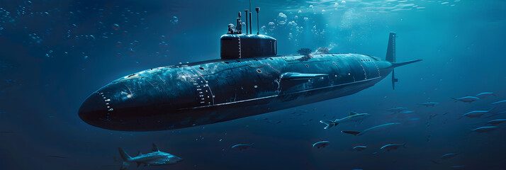 Obraz premium Modern Submarine Gliding Through Ocean Depths Surrounded by Marine Life, Showcasing Advanced Engineering and Natural Beauty