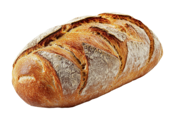 Freshly baked artisan bread loaf with a golden crust and rustic appearance on display for culinary enjoyment and gourmet cooking, cut out