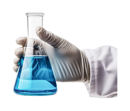 Experimenting with blue liquid in laboratory setting while wearing protective gloves for safety and precision in research activities, cut out