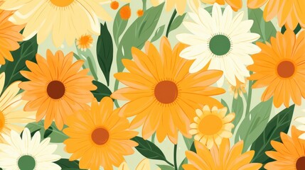 Obraz premium Cheerful daisies with leaves, creating a warm inviting spring meadow pattern