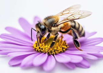 Close-Up of Honey Bee Collecting Pollen from Vibrant Purple Flower in Nature, Showcasing Detail of Insect Life and Flora Interactions