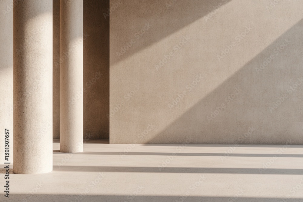 Poster architectural scene with minimalist columns casting shadows on a textured wall and floor