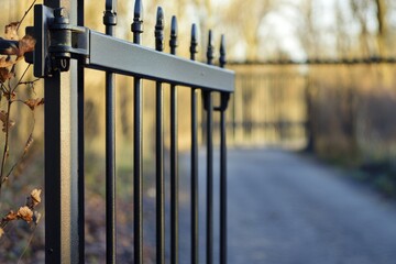 A close-up shot of a roadside fence with a road visible in the background