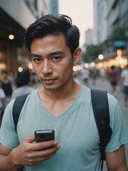 Gen-Z Southeast Asian Male in Urban Setting Using Smartphone, Symbolizing Tech-Driven Progress
