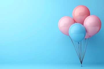 Pink, blue balloons float on blue wall