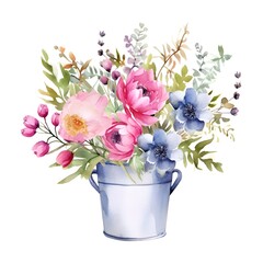 Bouquet of watercolor flowers in the vase. A colorful fresh flowers in a vase on a white background of watercolor. 