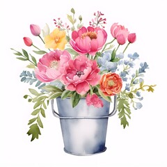 Fototapeta premium Bouquet of watercolor flowers in the vase. A colorful fresh flowers in a vase on a white background of watercolor. 