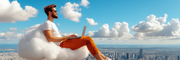 A software developer sits comfortably on a white fluffy cloud, working on a laptop while surveying a stunning futuristic city below. The atmosphere is serene and inspiring under a clear blue sky