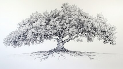Artistic pencil drawing of a grand deciduous tree with extensive root system