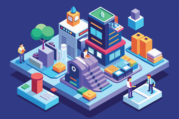 This colorful illustration shows people engaging in various activities in an urban setting with buildings and trees, Paid idea Customizable Isometric Illustration