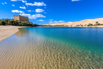 A mystical hidden oasis surrounded by towering sand dunes, untouched by civilization