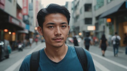 Fototapeta premium Gen-Z Southeast Asian Male in Urban Setting , Symbolizing Tech-Driven Progress