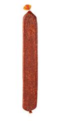 Long dry sausage hanging on white background in transparent packaging