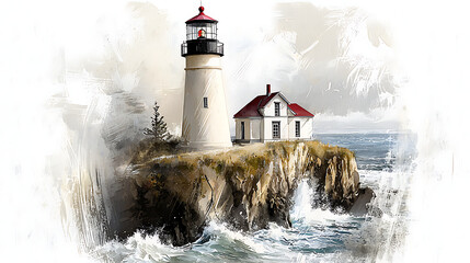 Obraz premium A lighthouse is on a rocky shoreline with the ocean in the background. generated using AI