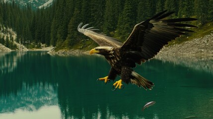 Fototapeta premium Eagle Hunting for Fish Over Tranquil Lake Surrounded by Forest