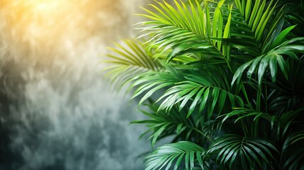 Close up of green, fresh tropical houseplant palm leaves with a textured white wall background. Urban jungle interior concept.