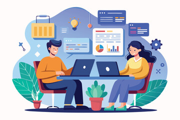 Fototapeta premium Two developers collaborate through pair programming using laptops to write code in a vibrant office setup, Pair programming Customizable Semi Flat Illustration