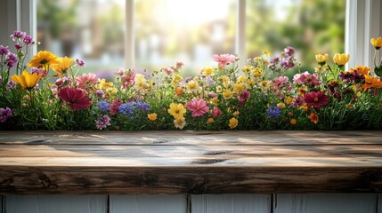 A window sill filled with vibrant and diverse flowers, perfect for home decor or photography