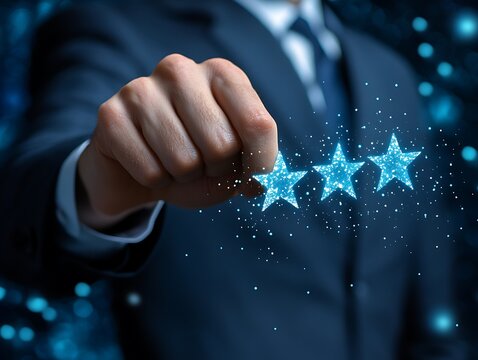 Hand holds stars. Glowing bokeh background