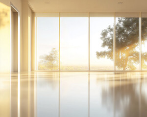 Interior of a bright modern room with a floor-to-ceiling window showing a tree and sunlight shining through, symbolizing peace, nature, and spaciousness in contemporary design.