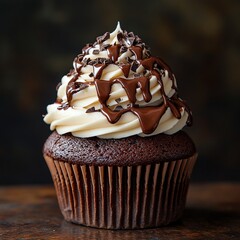chocolate cupcake with white cream, chocolate topping, chocolate chips, studio shooting, dark background