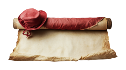 Antique scroll with red fabric hat showcasing historical treasures for education or design projects, cut out