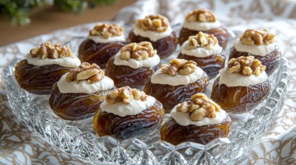 Dates stuffed with cream and garnished with nuts