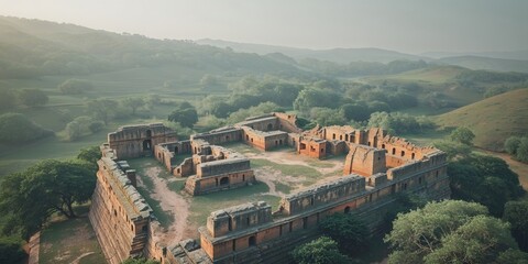 Aerial view of ancient hill fort ruins in rural landscape.