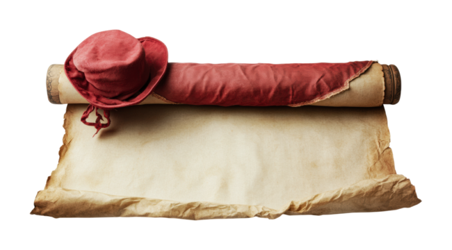 Antique scroll with red fabric hat showcasing historical treasures for education or design projects, cut out