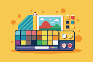 A colorful assortment of design tools and palette options set in an inviting workspace for creativity, Palette Customizable Semi Flat Illustration